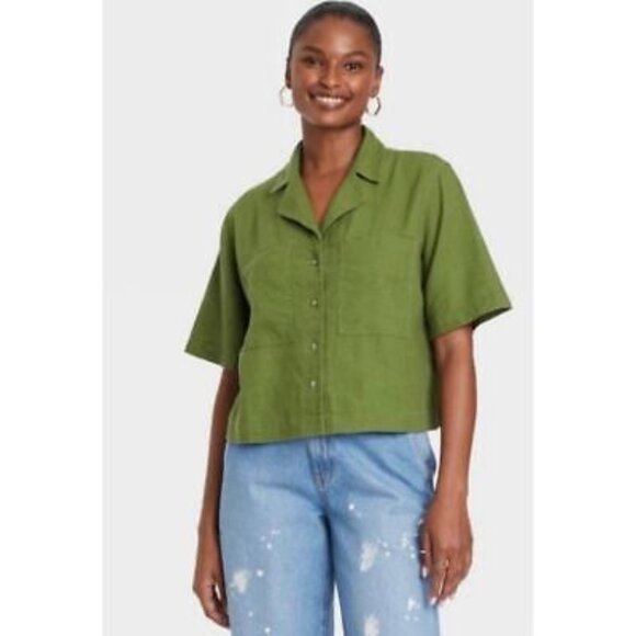 Universal Thread Green Linen Cropped Button Down Top size Medium - Picture 1 of 10